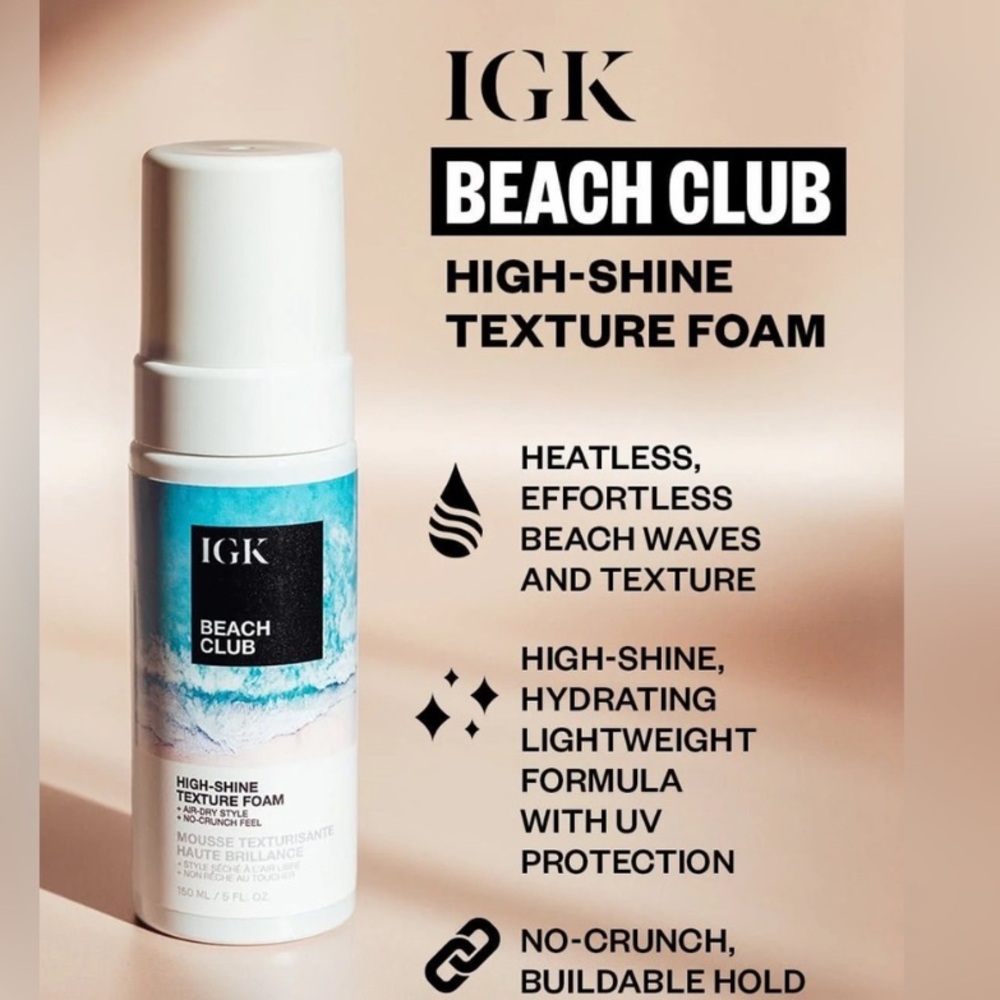IGK Beach Club High-Shine Texture Foam – Heatless Waves & UV Protection